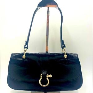 Auth Burberry Embossed Reptile Print Black Leather Horsebit Baguette Purse